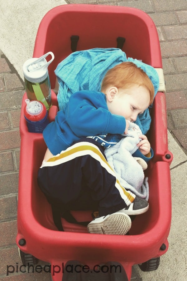 Taking a nap in the wagon at Cedar Point