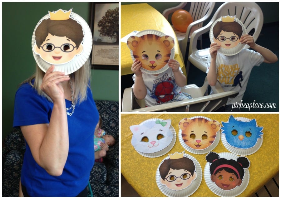 Daniel Tigers Neighborhood paper plate mask craft | This Daniel Tiger birthday party was so much fun for the kids and super easy for this busy mom to throw together. Click through to the post to get ideas for Daniel Tiger themed food, crafts, activities, and more!