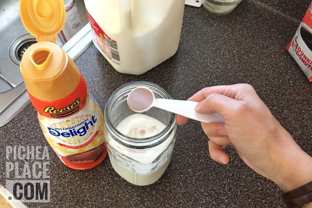 Add a tablespoon of International Delight Reese's Peanut Butter Cups creamer to hot milk to make a Chocolate Peanut Butter latte at home.